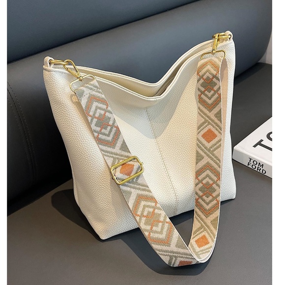 Luxe Beige Vegan Leather Guitar Strap Hobo Crossbody Bag